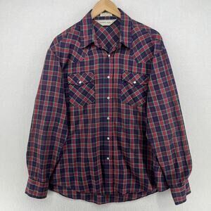 Vintage TIMBER RUN Shirt Mens XL Pearl Snap Gingham Plaid Western Red Blue Woven